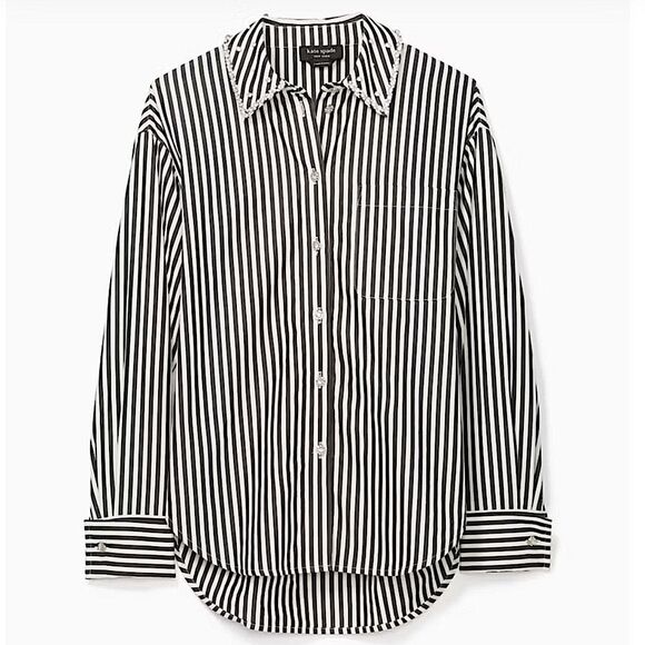 kate spade Acrobat Stripe Black and White Embellished Womens Shirt Size L - Picture 4 of 13